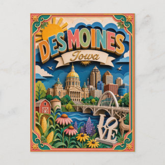 Cartão Postal Arte em Papel Des Moines Iowa PopCut Estados