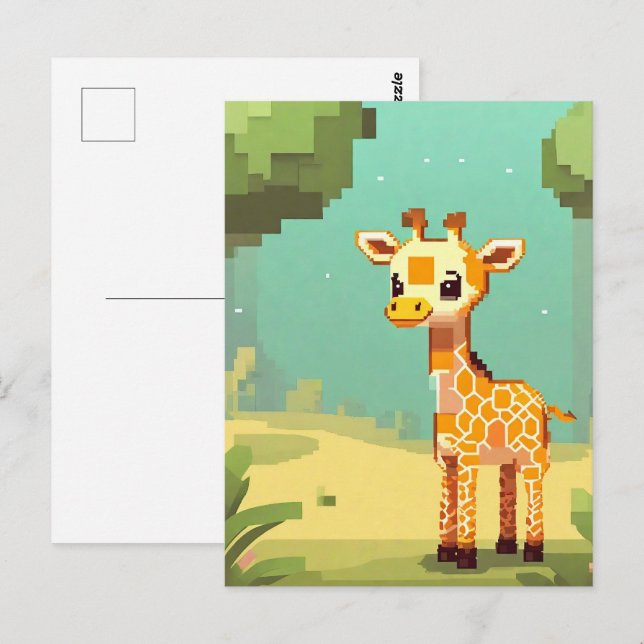 Cartão Postal Arte em Pixel de Girafa Bebê Fofa (Frente/Verso)