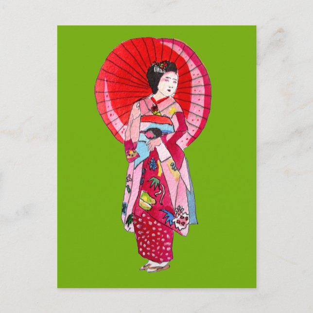 Cartão Postal Arte engraçada japonesa Geisha red kimono (Frente)
