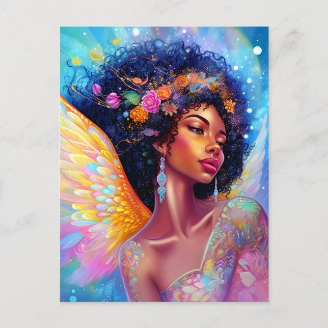 Cartão Postal Arte Fantasia Anjo Afro-Americano Senhora (Frente)