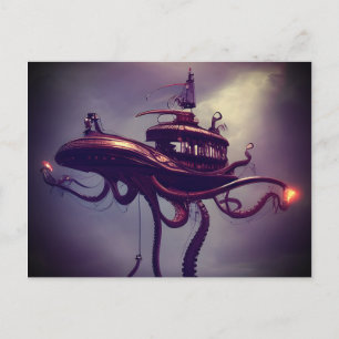 Cartão Postal Arte Fantasia de Navio Polvo Steampunk