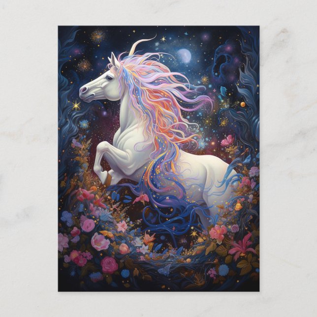 Cartão Postal Arte Fantástica de Cavalo Branco Magia (Frente)