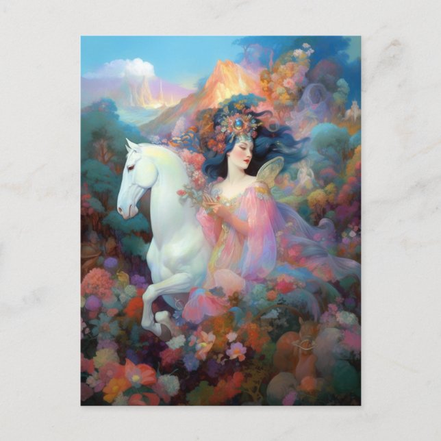 Cartão Postal Arte Fantástica de Mulher e Cavalo Branco (Frente)