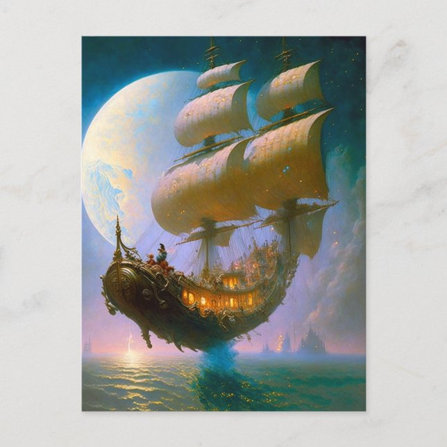 Cartão Postal Arte Fantástica de Navio Voador (Frente)