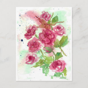 Cartão Postal Arte Floral Aquarela de Rosa Rosa