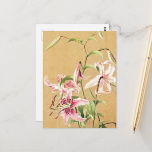 Cartão Postal Arte Floral Botânica de Lírio Oriental Rosa Vintag
