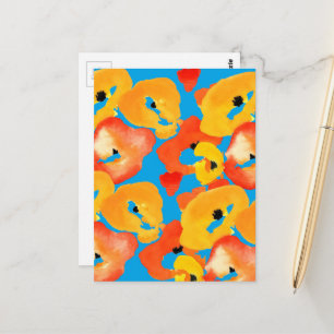 Cartão Postal Arte floral de papoulas vermelhas e laranjas