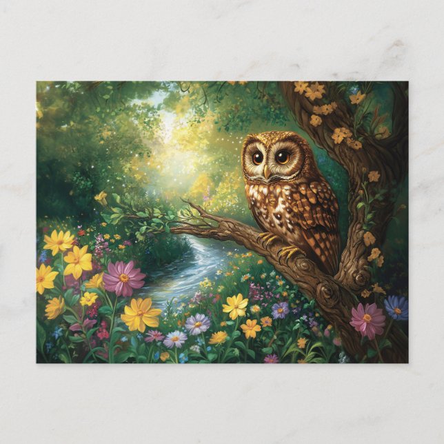 Cartão Postal Arte Florestal Cute Barn Owl Encantada (Frente)