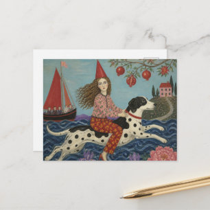 Cartão Postal Arte Folclórica Mulher e um Cachorro Fantasia
