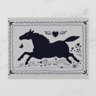 CARTÃO POSTAL ARTE FOLK PRIMITIVA A CORRER HORSE EQUINE SILHOUET