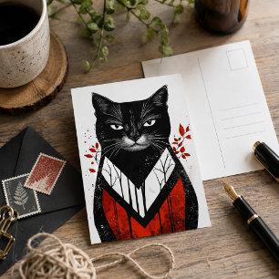 Cartão Postal Arte Gótica de Gato Preto Vermelho Moderno Felino