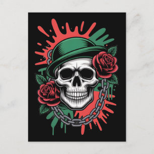 Cartão Postal Arte Gráfico Ousado: Crânio com Chapéu-Coco e Rosa