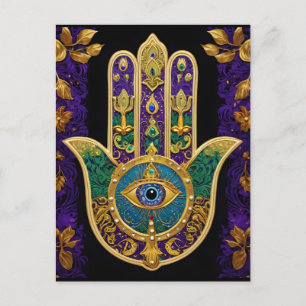 Cartão Postal Arte Hamsas Dourado Roxo Verde do Mardi Gras