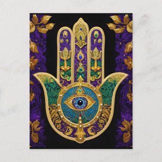 Cartão Postal Arte Hamsas Dourado Roxo Verde do Mardi Gras