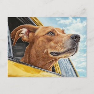Cartão Postal Arte Impressa de Cachorro Feliz em Carro Amarelo