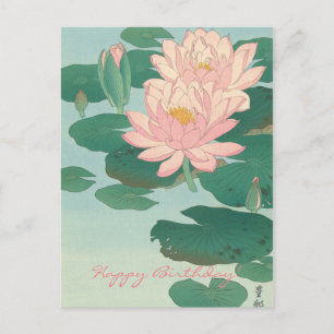 Cartão Postal Arte Japonês Antigo: Lírios de Água de Aniversário