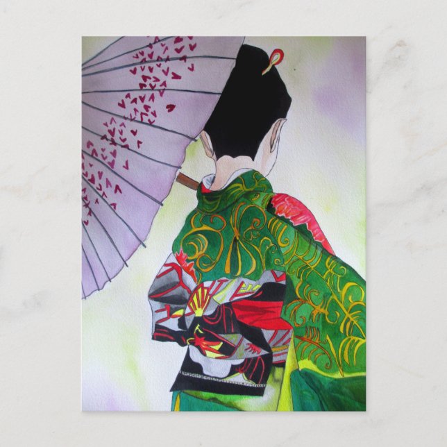 Cartão Postal Arte japonesa Geisha com kimono e guarda-chuva (Frente)