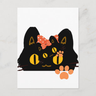 Cartão Postal Arte Kawaii de Gato Preto espiando com Laço