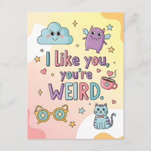 Cartão Postal Arte Kawaii de Monstro de Gato Pastel Fofo