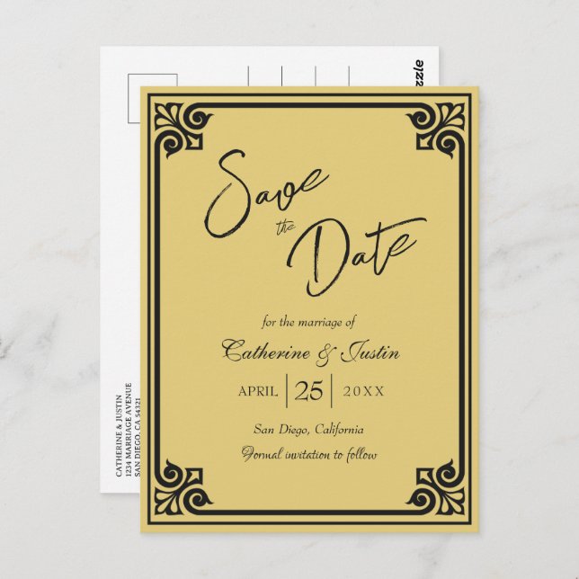 Cartão Postal Arte Moderna Deco Pavão Dourado Preto Salva A Data (Frente/Verso)