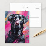 Cartão Postal Arte Moderna Retrato do Laboratório Negro<br><div class="desc">Um retrato de arte vibrante e moderno de um labrador negro que apresenta pinceladas abstrato, corajosas em tons de preto, rosa e amarelo. Os traços expressivos capturam a personalidade lúdica do cão, enquanto a paleta de cores inesperada adiciona uma torção caprichosa, artística ao retrato tradicional de animais de estimação. Esta...</div>