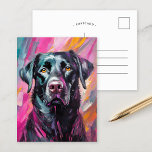 Cartão Postal Arte Moderna Retrato do Laboratório Negro<br><div class="desc">Um retrato de arte vibrante e moderno de um labrador negro que apresenta pinceladas abstrato, corajosas em tons de preto, rosa e amarelo. Os traços expressivos capturam a personalidade lúdica do cão, enquanto a paleta de cores inesperada adiciona uma torção caprichosa, artística ao retrato tradicional de animais de estimação. Esta...</div>