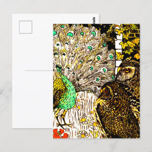 Cartão Postal Arte Neerlandesa Nouveau Peacock e Corujas