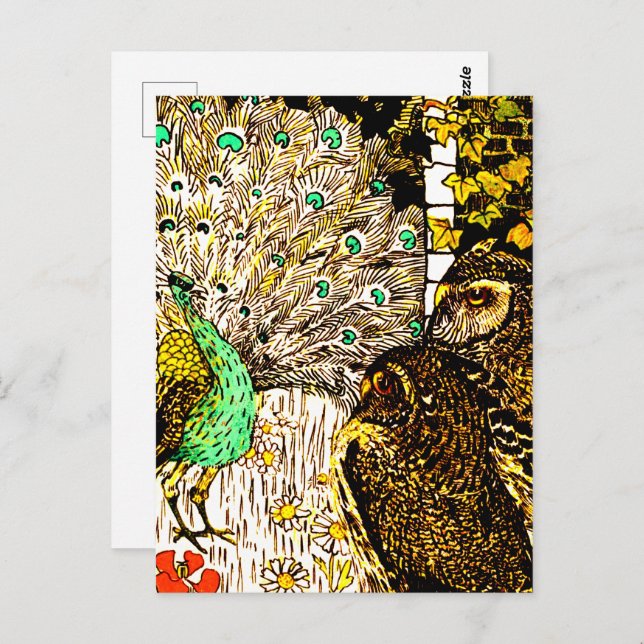 Cartão Postal Arte Neerlandesa Nouveau Peacock e Corujas (Frente/Verso)
