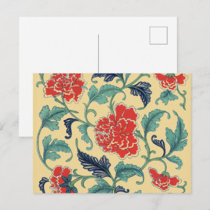 Cartão Postal Arte Nova Antiga Chinesa Vermelha Floral Chinoiser