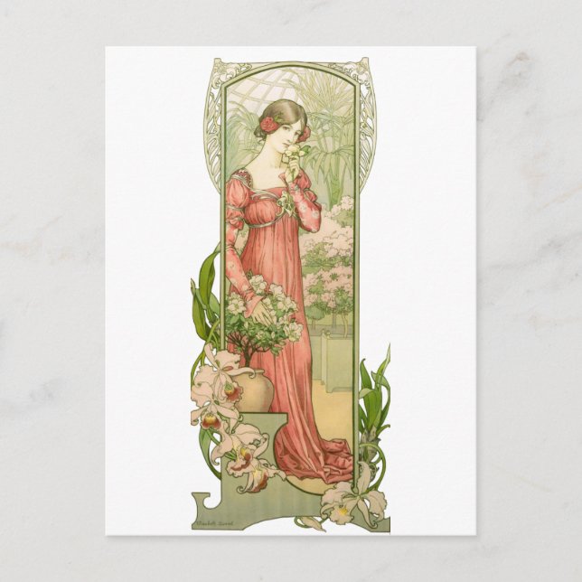 Cartão Postal Arte Nova Antiga Senhora da Estufa Elegante  (Frente)