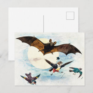 Cartão Postal Arte Novo Vintage Morcego & Aves Vestidas Luar