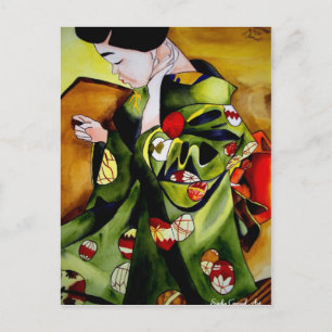 Cartão Postal Arte original de aquarela de Geisha japonesa fofa