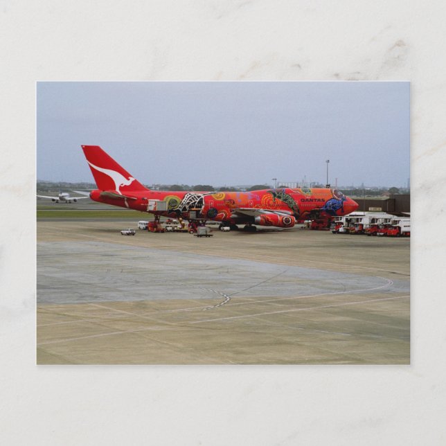 Cartão Postal Arte original, Quantas 747, Kingsford Smith Airpo (Frente)