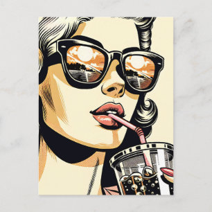Cartão Postal Arte Pop de Quadrinhos Mulher Bonita Bebendo Refri