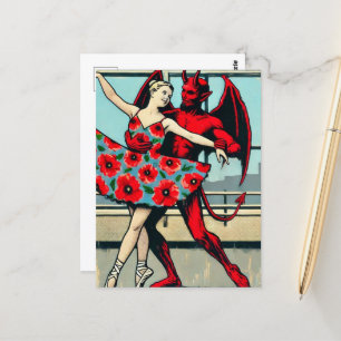 Cartão Postal Arte Pop Retro Diabo Com bailarina em um vestido d