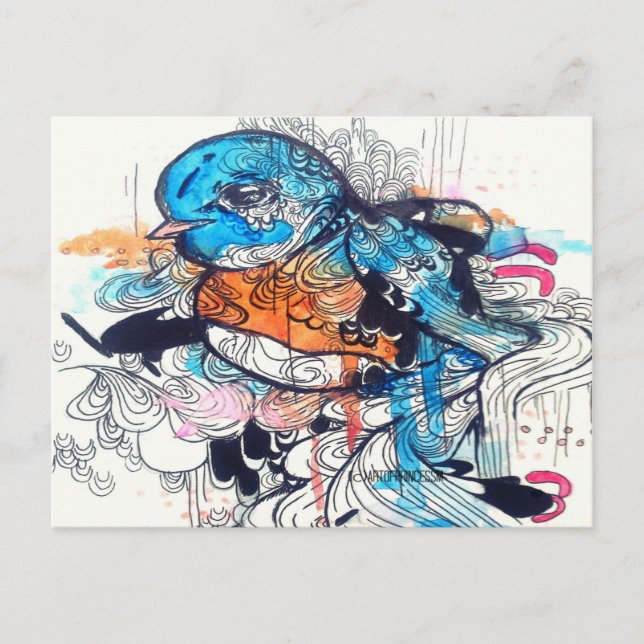 Cartão Postal arte pop surreal kawaii — arte azul de pássaros (Frente)