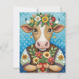 Cartão Postal Arte popular de aniversário com vaca do coração