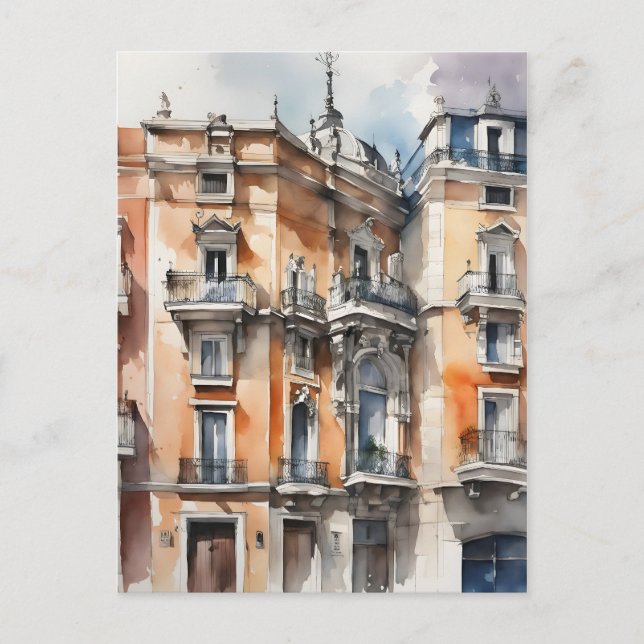 Cartão Postal Arte por aquarela de Madrid (Frente)