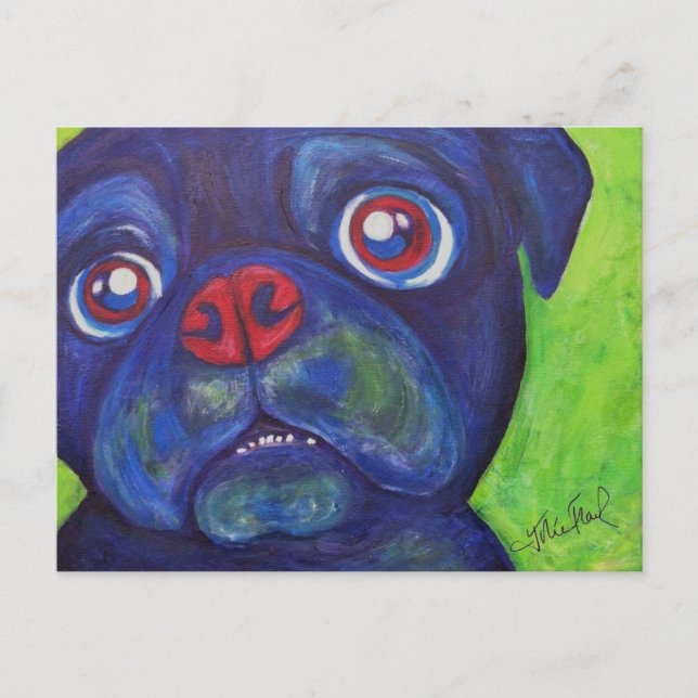 Cartão Postal Arte Pug "Entusiasmo Pugslês" (Frente)