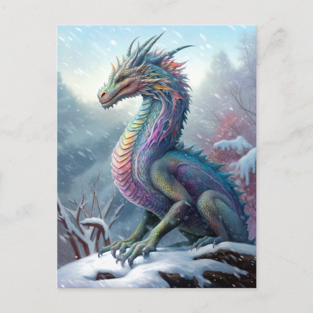Cartão Postal Arte Rainbow Dragon Na Fantasia Da Neve (Frente)