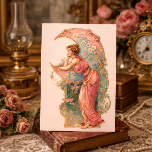 Cartão Postal Arte Retro Art Nouveau Mulher & Lua Crescente