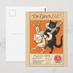 Cartão Postal Arte Retro Laranja Gato Preto Coelho Branco Banjo