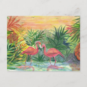 Cartão Postal Arte Rosa Flamingos