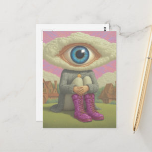 Cartão Postal arte surrealista Ela com a cabeça nas nuvens