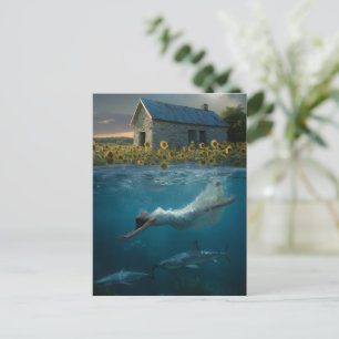 Cartão Postal Arte Surrealista Nadando Com Tubarões na Pradaria