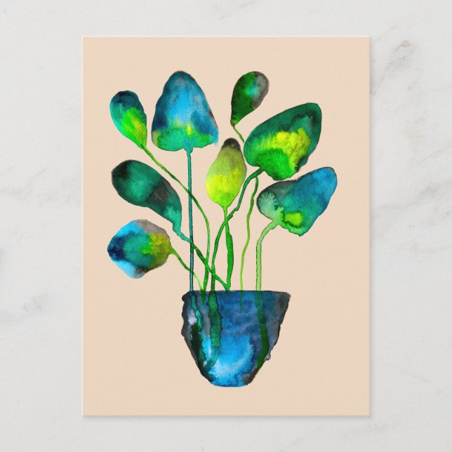 Cartão Postal Arte vegetal em aquarela abstrata verde e azul (Frente)