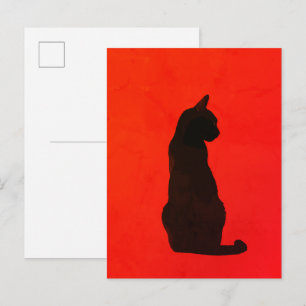 Cartão Postal Arte Vermelha Moderna Silhueta de Gato Preto Minim