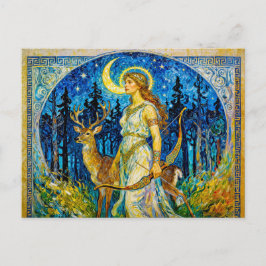 Cartão Postal Ártemis com Cervo e Arco em uma Noite de Floresta