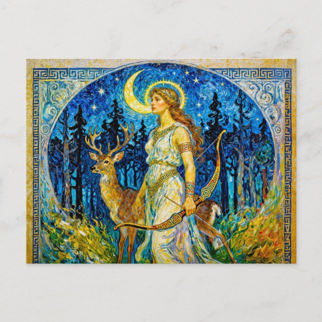 Cartão Postal Artemis with Deer and Bow in a Starry Forest Night (Frente)
