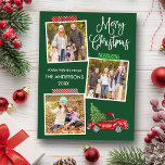 Cartão Postal Artesanato de caligrafia divertida Caminhão de Nat<br><div class="desc">A caligrafia moderna do roteiro Feliz Natal 3 Colagem de fotos com cartão postal de feriado de fita de Artesanato. Fundo Verde Florestal. Watercolor Vintage Red Truck com Árvore de Natal.</div>